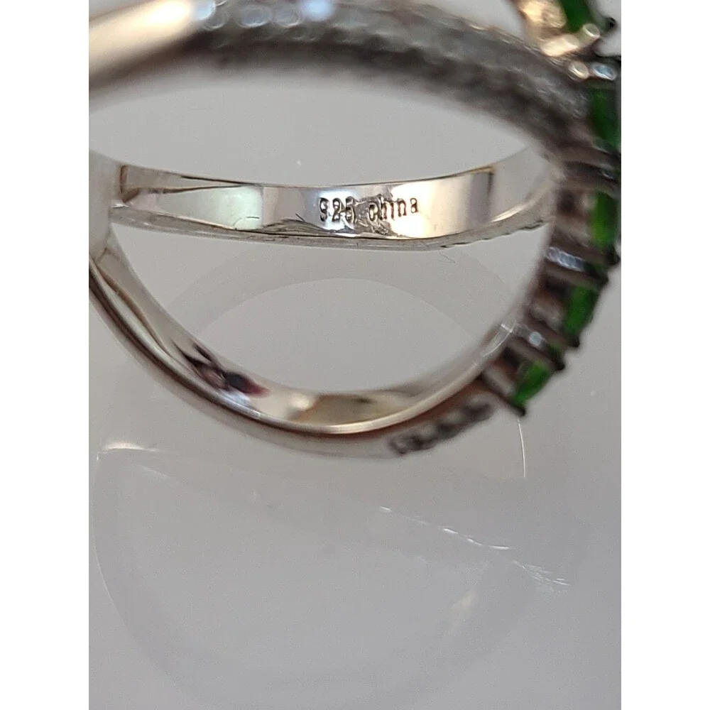 925 Sterling Silver Green CZ Crossover Ring Size 5 Pave Band Fine Jewelry